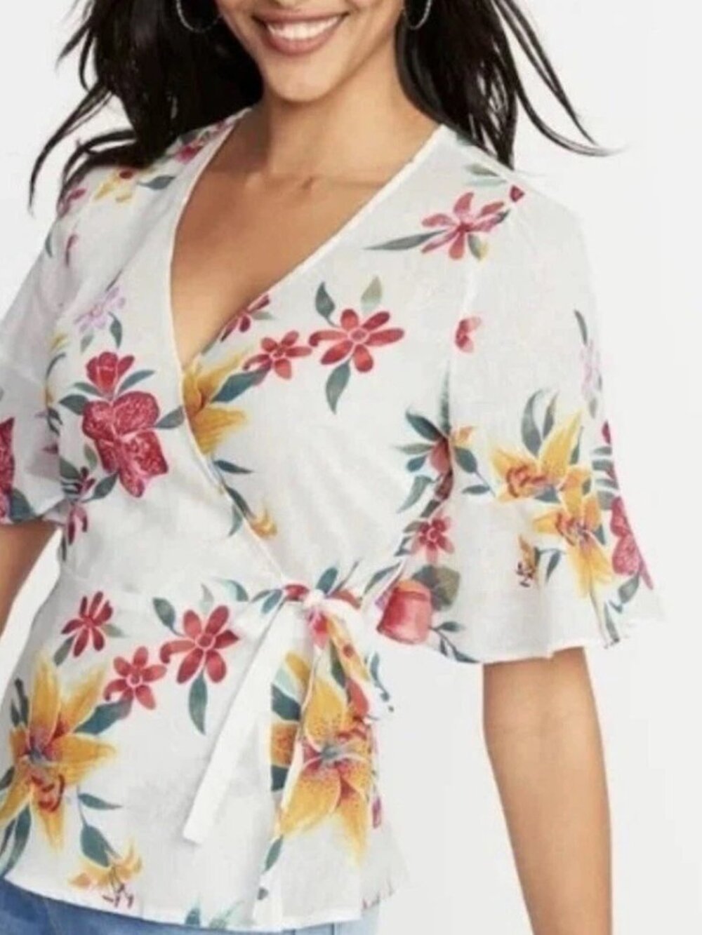 Old Navy Wrap Front Linen Blend Hawaiian Floral Top Vacation Ruffle Size Small